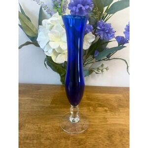 Vintage Cobalt Blue Trumpet Art Glass Vase Mid Century‎ Czech Polish Style